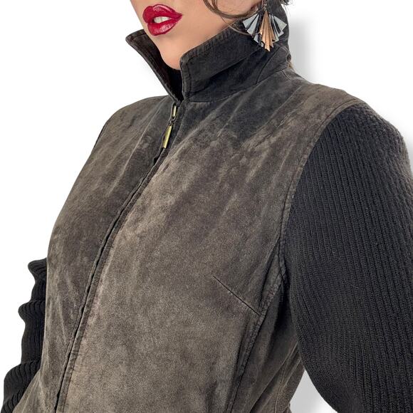 Y2k FABIO brown leather with sweater sleeves jacket shirt